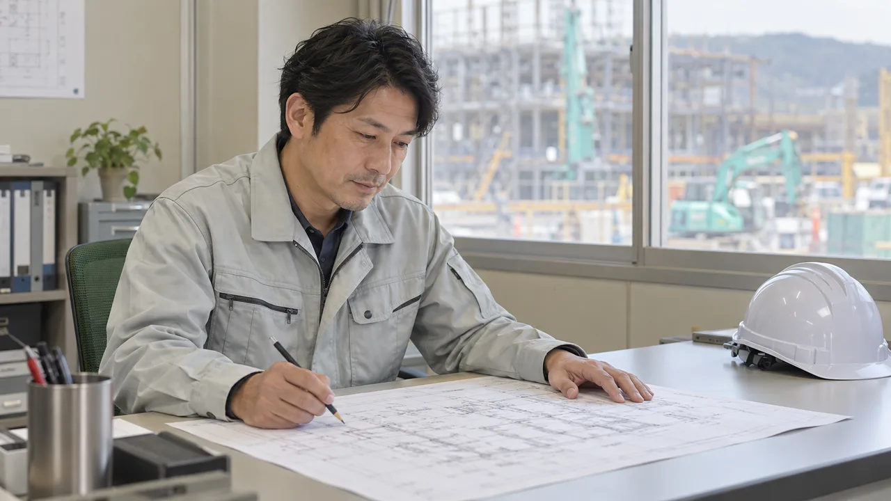 現場事務所の机で図面を確認する架空の技術者