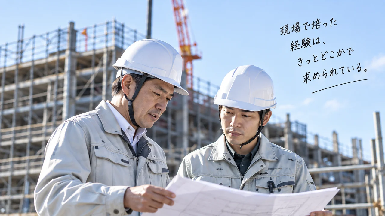 図面を広げる二人の技術者と、手書きの「現場で培った経験は、きっとどこかで求められている。」。AI生成のイメージ